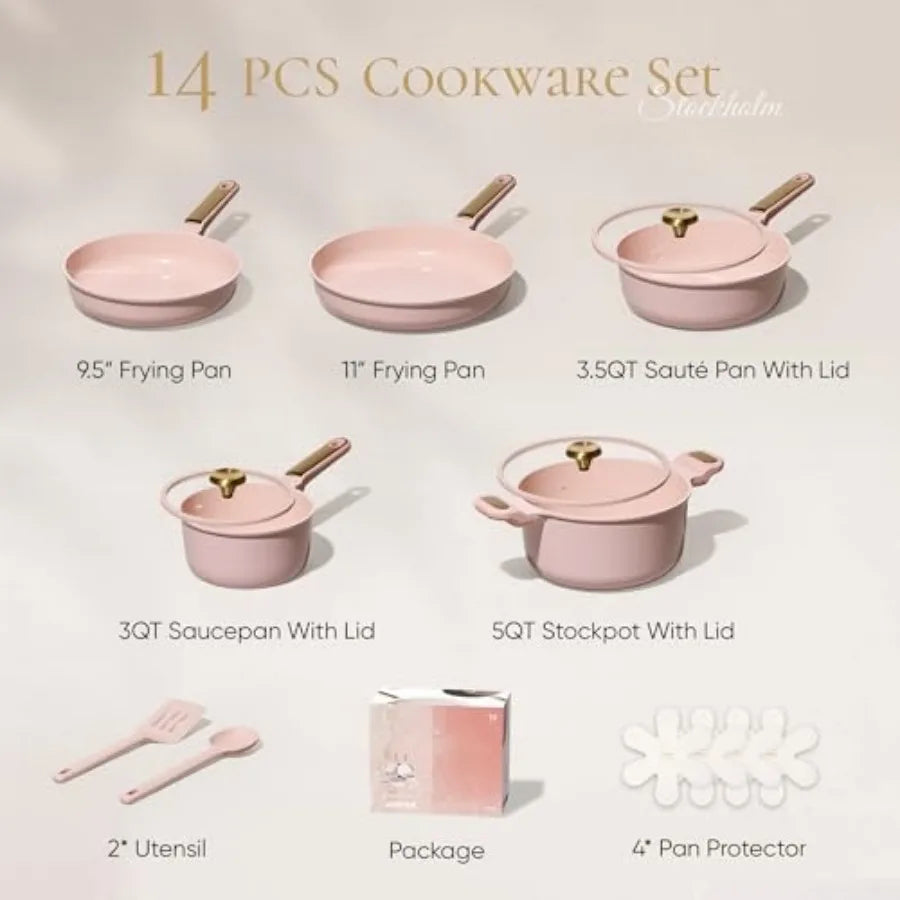 Ceramic Cookware Set Nonstick, 14pcs Pots and Pans Set Nonstick, Non-Toxic and PFAS-Free, Dishwasher, RV/Camping Cookware Set,