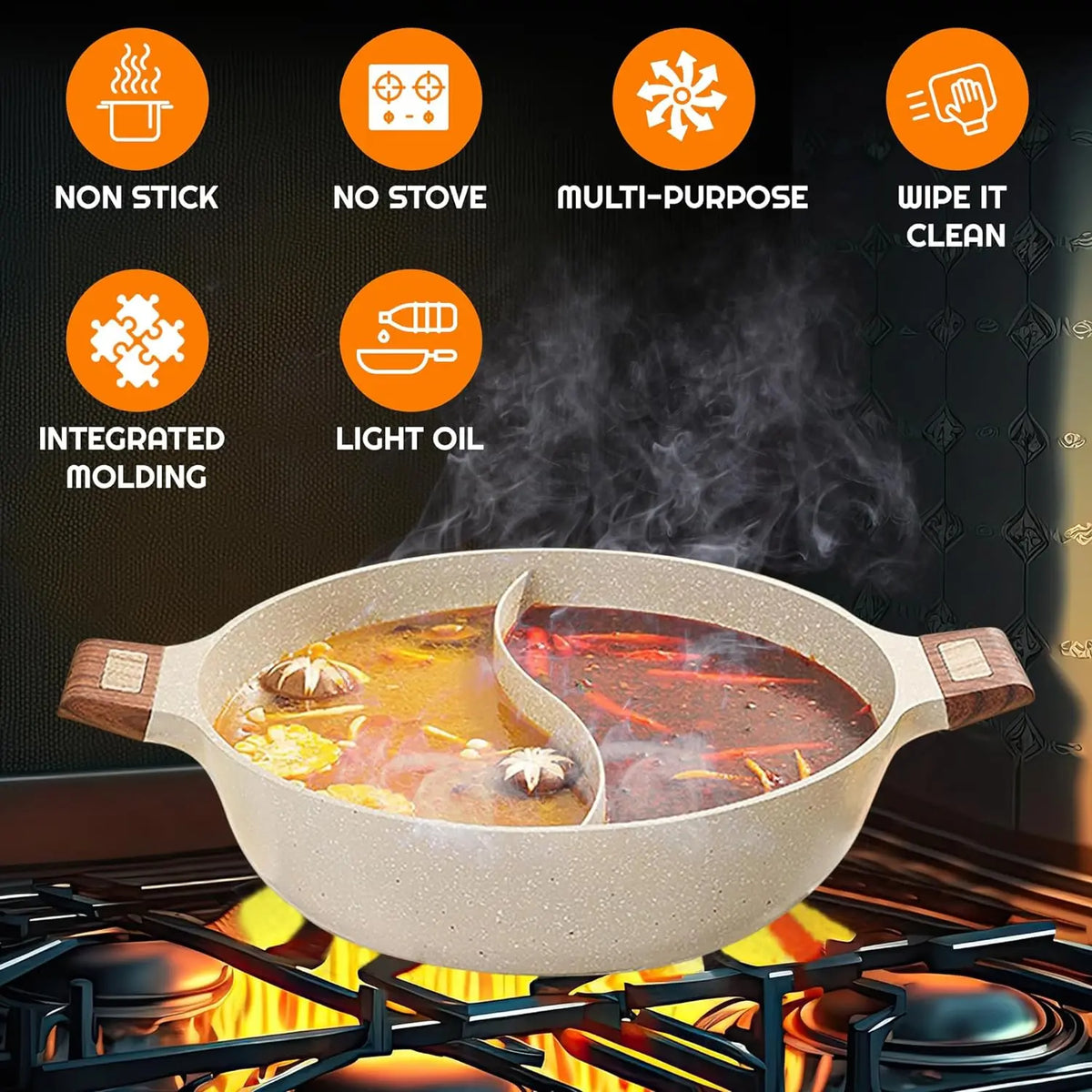 DONNOR 5QT Double-flavor Hot Pot with Divider Dual-Sided Shabu Shabu Pot Non-Stick Hotpot for Electric Induction Gas Stove JT285