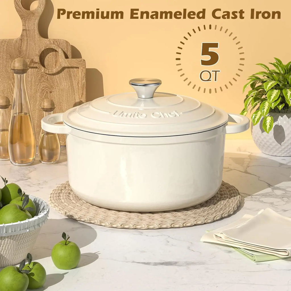 5QT Enameled Cast Iron Dutch Oven with Lid & Potholders, Heavy-Duty Cookware for Bread, Stews, Roasting