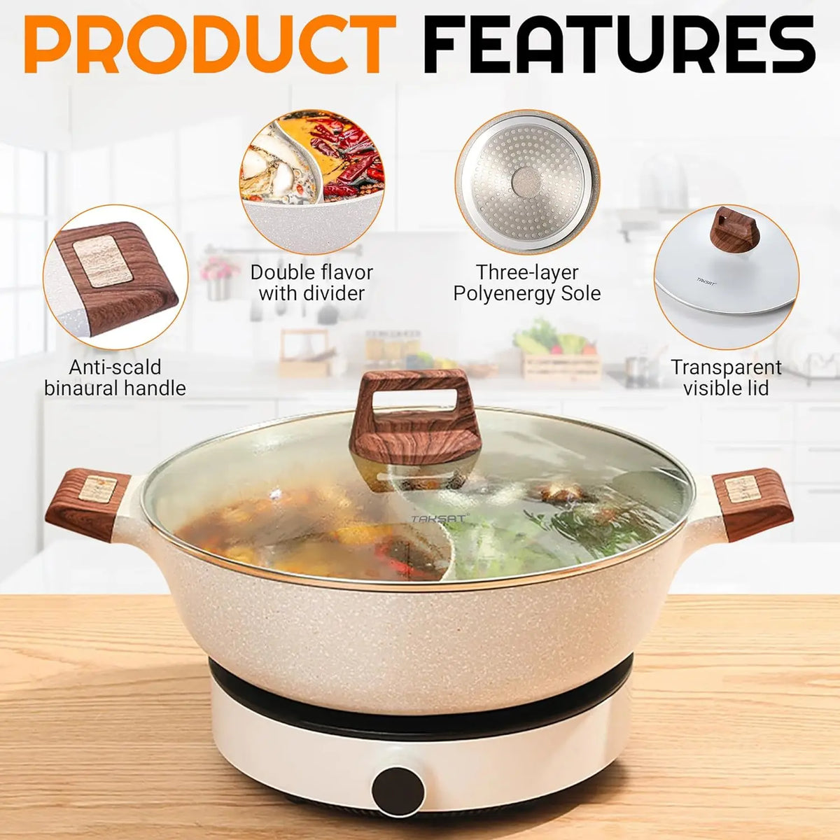 DONNOR 5QT Double-flavor Hot Pot with Divider Dual-Sided Shabu Shabu Pot Non-Stick Hotpot for Electric Induction Gas Stove JT285
