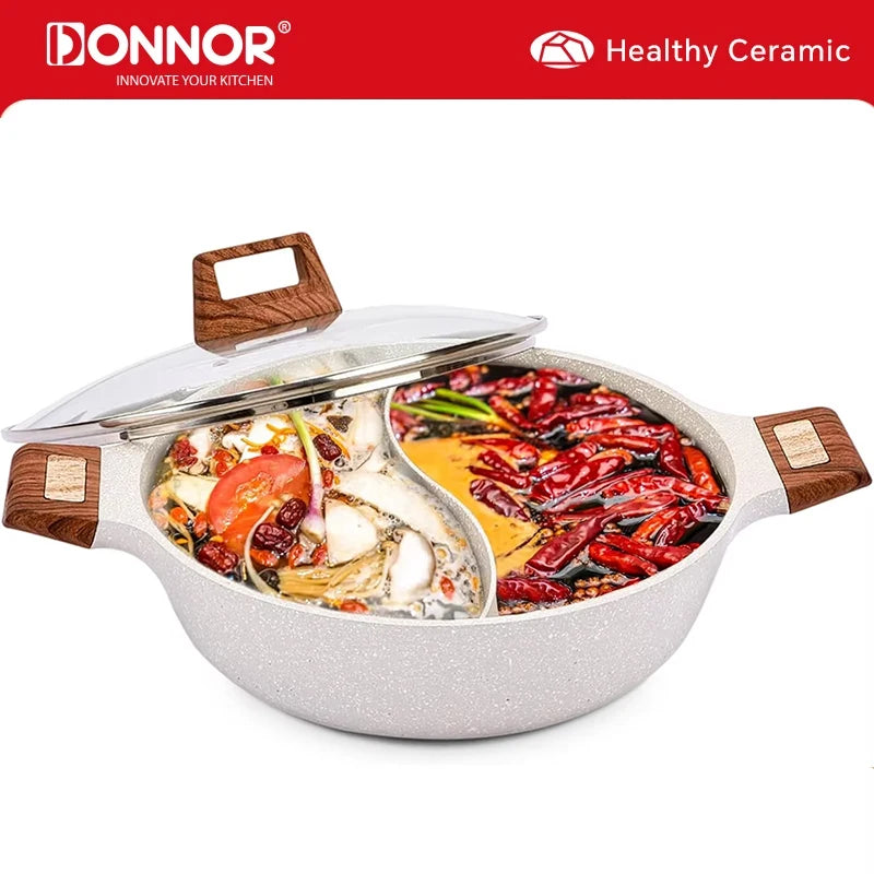 DONNOR 5QT Double-flavor Hot Pot with Divider Dual-Sided Shabu Shabu Pot Non-Stick Hotpot for Electric Induction Gas Stove JT285